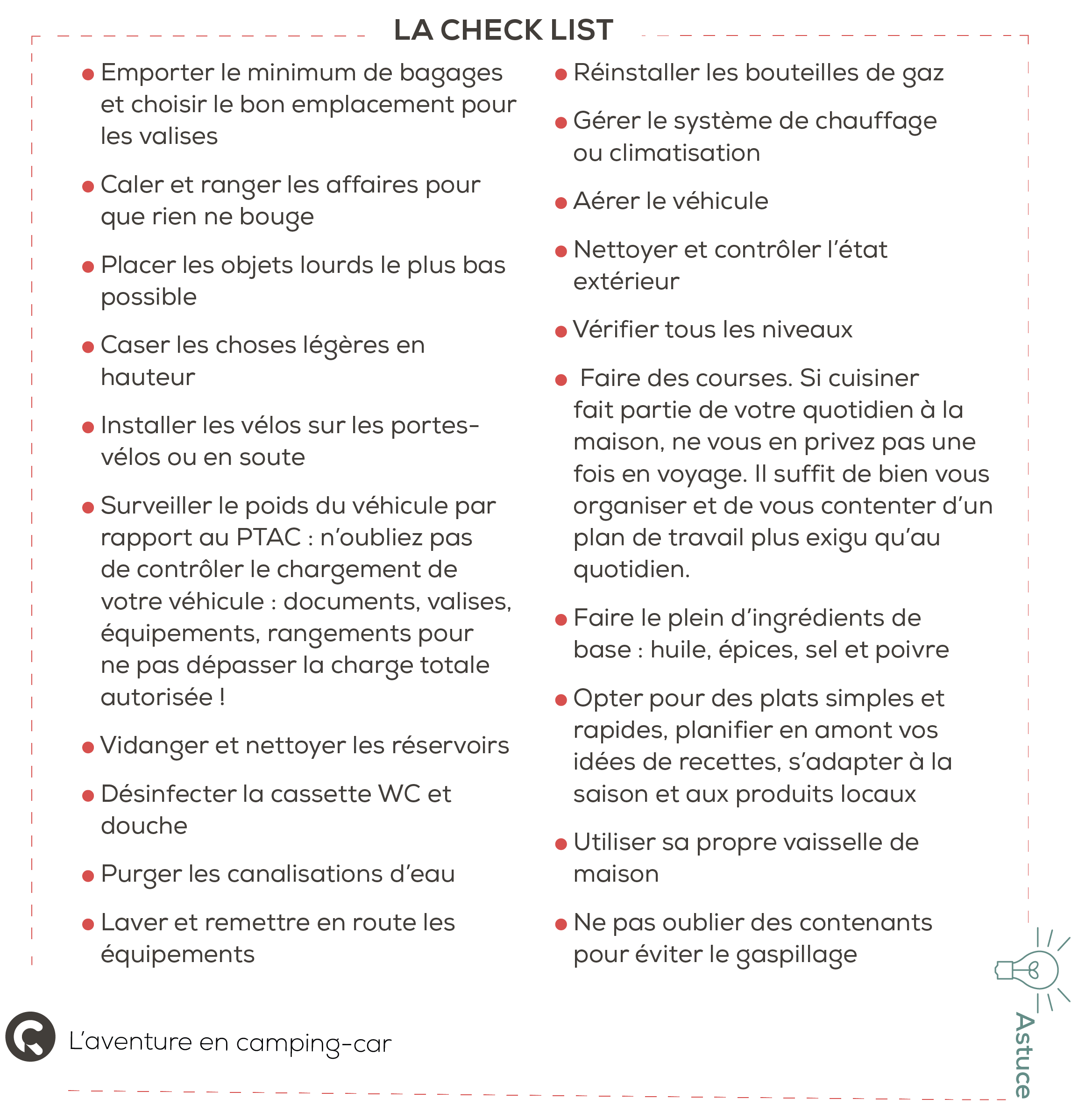 Check-list pour camping-car : conseils pour préparer, entretenir et optimiser votre véhicule avant le départ.