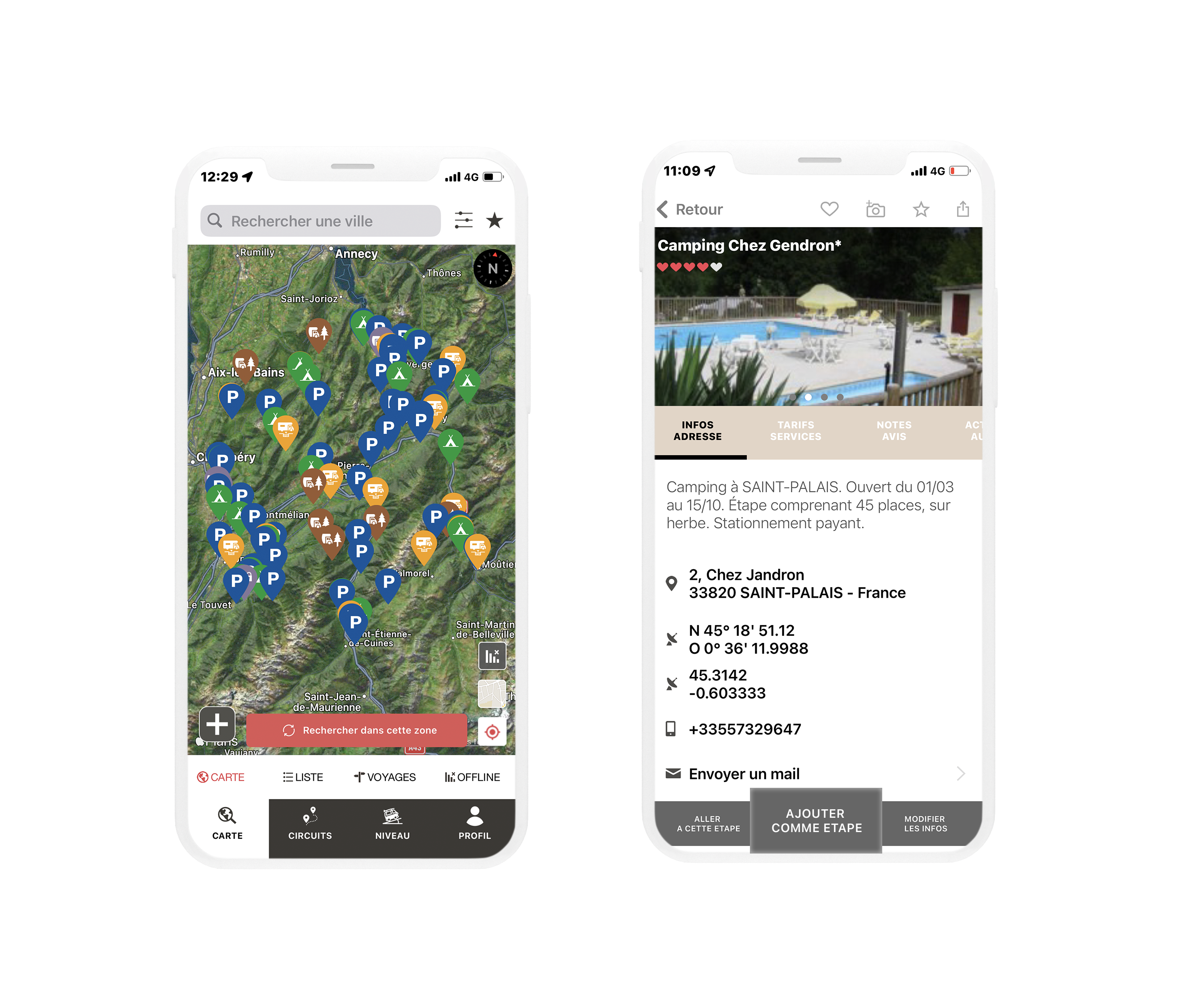 Deux écrans d'application CaraMaps montrant une carte de parkings et détails d'un camping à Saint-Palais.