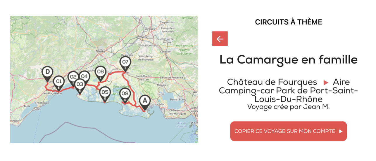 Carte de la Camargue avec itinéraire en camping-car, points d'arrêt numérotés, ambiance aventure et découverte.