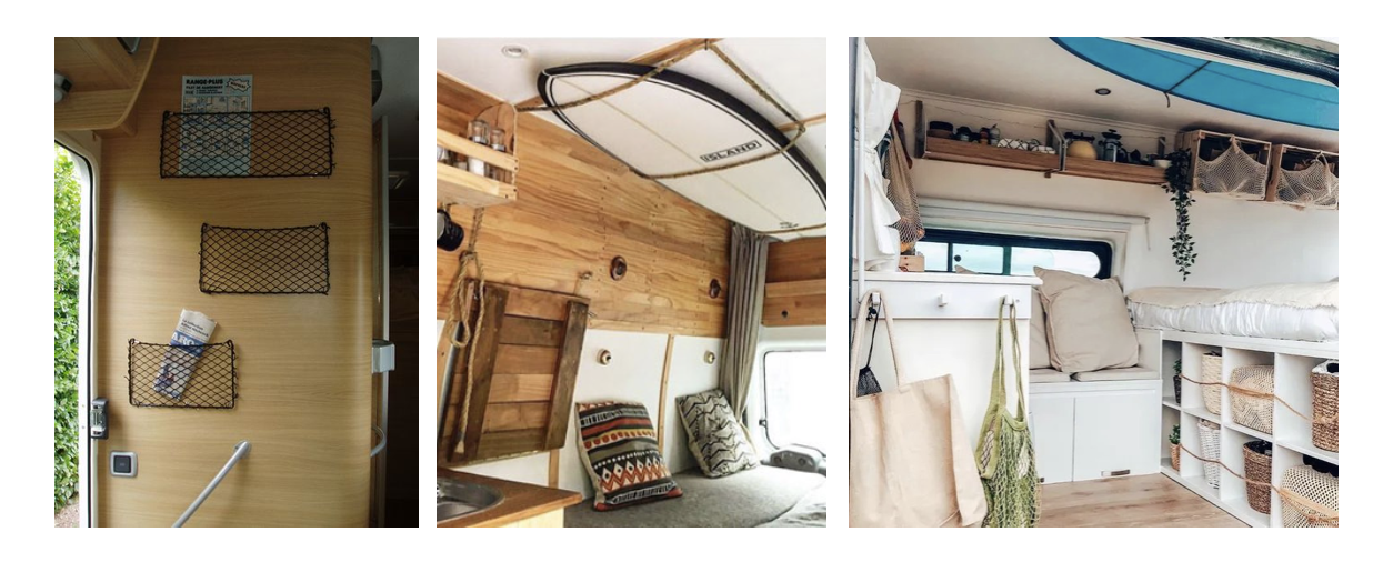 Intérieur de camping-cars aménagés, ambiance cosy et organisée, avec rangements astucieux et décorations chaleureuses.