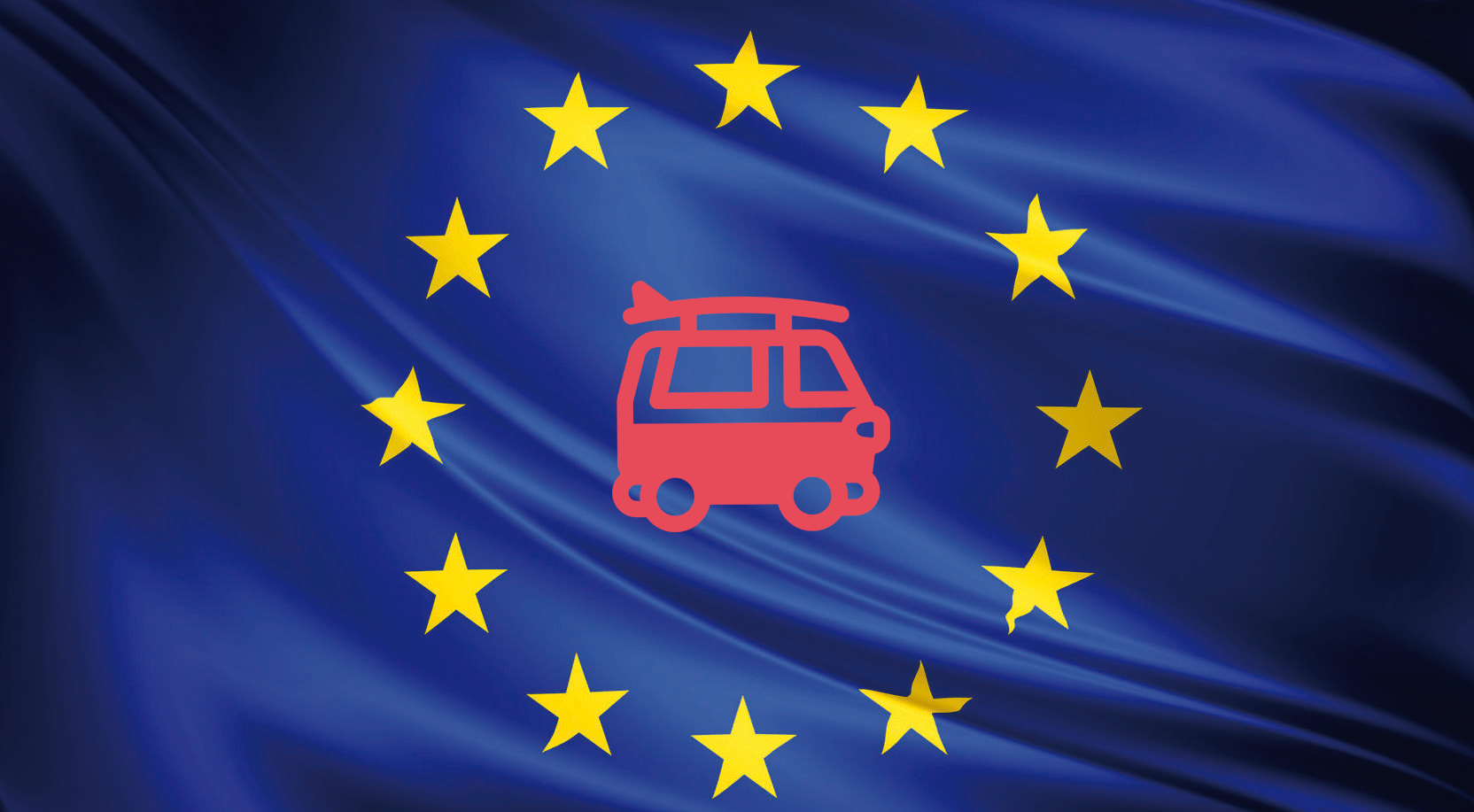 Drapeau de l'Union européenne avec un van rouge au centre, symbolisant les voyages en camping-car à travers l'Europe.