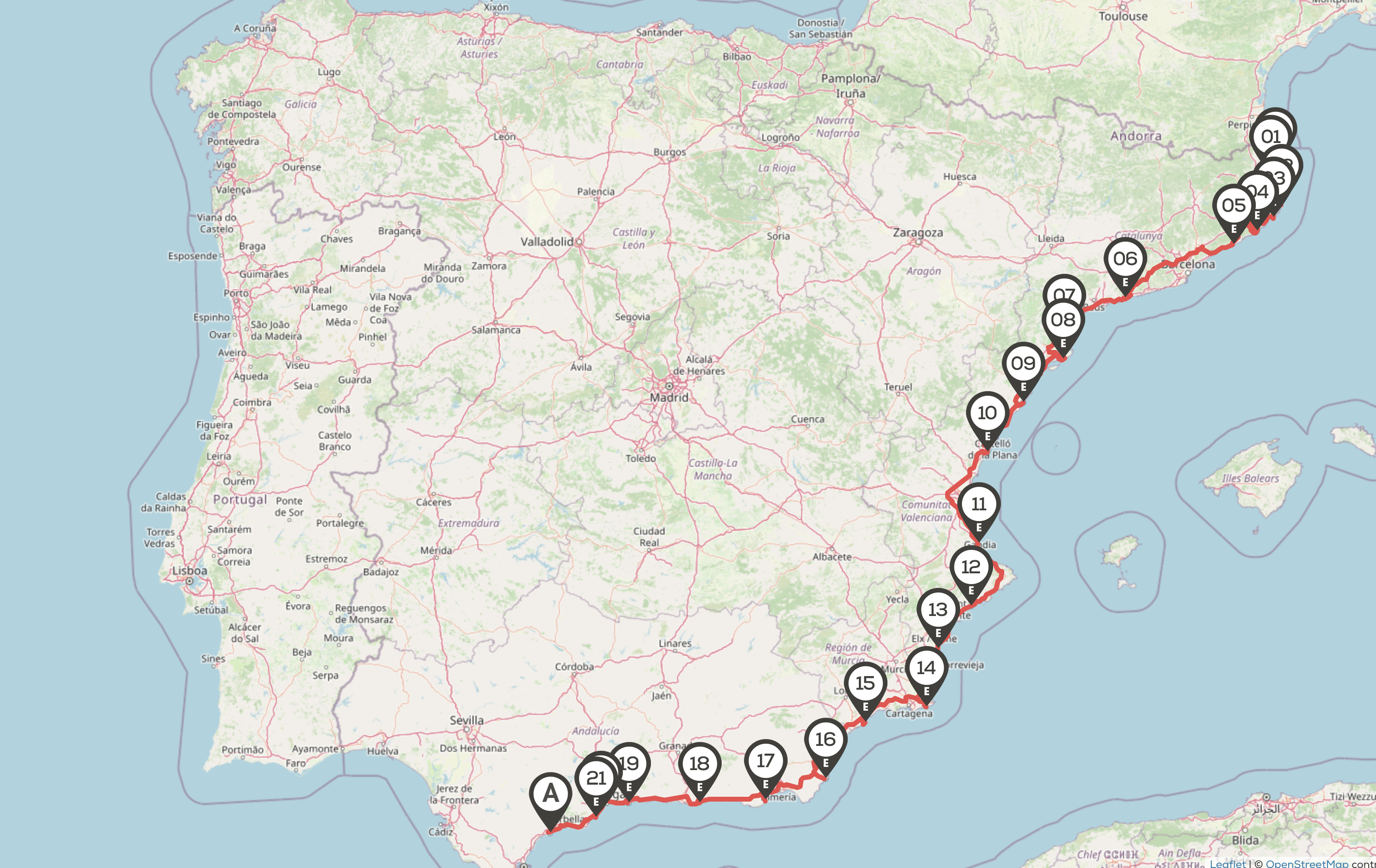 Screenshot d'une itinéraire pour camping-car en Espagne sur l'application CaraMaps