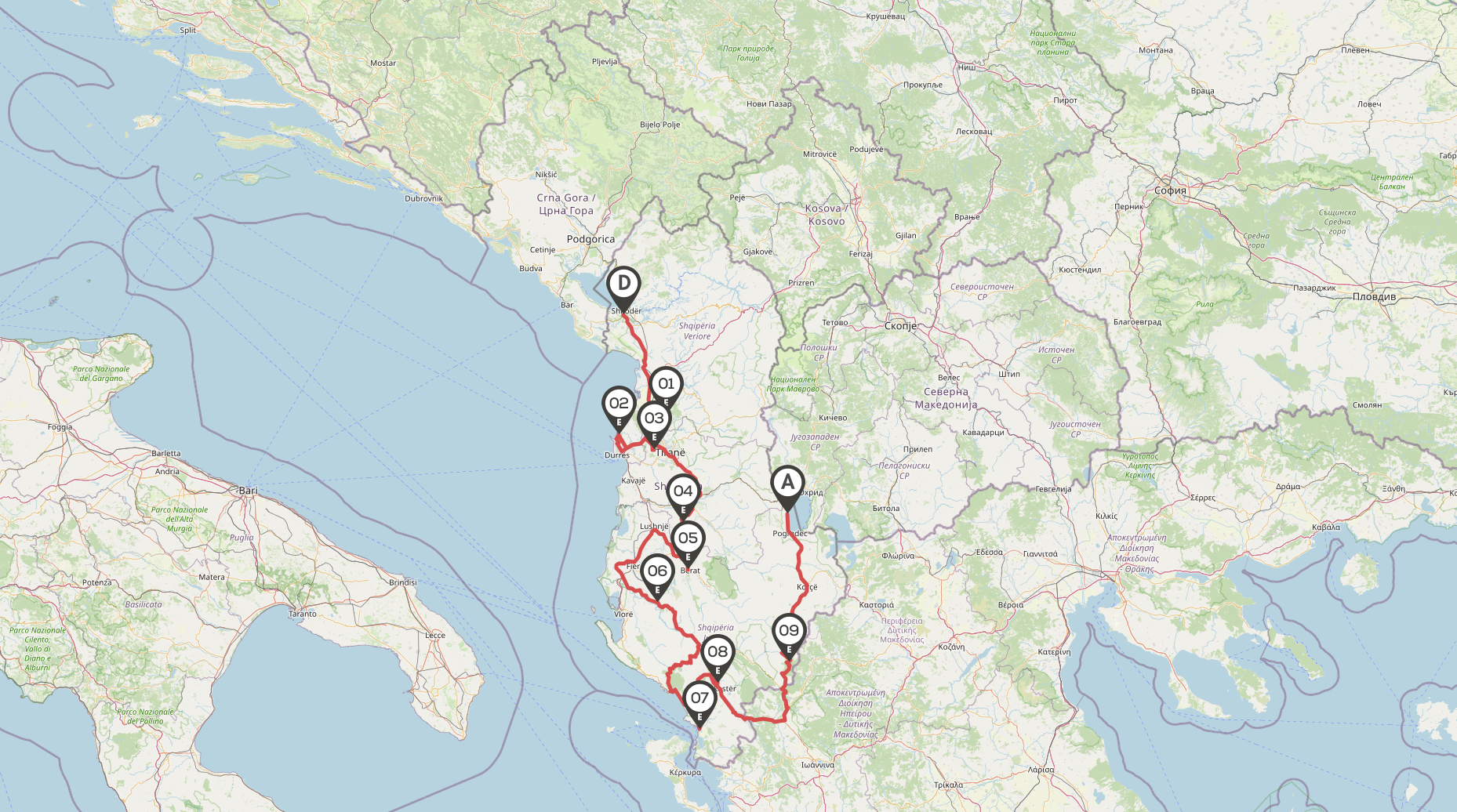 Carte d’itinéraire de road trip en camping-car à travers l’Albanie sur l'application CaraMaps.