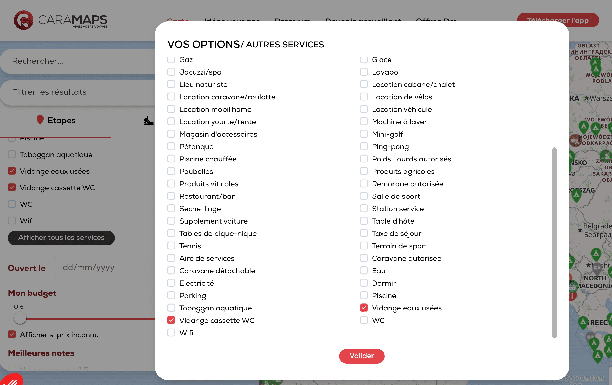 List of filters on the CaraMaps app.