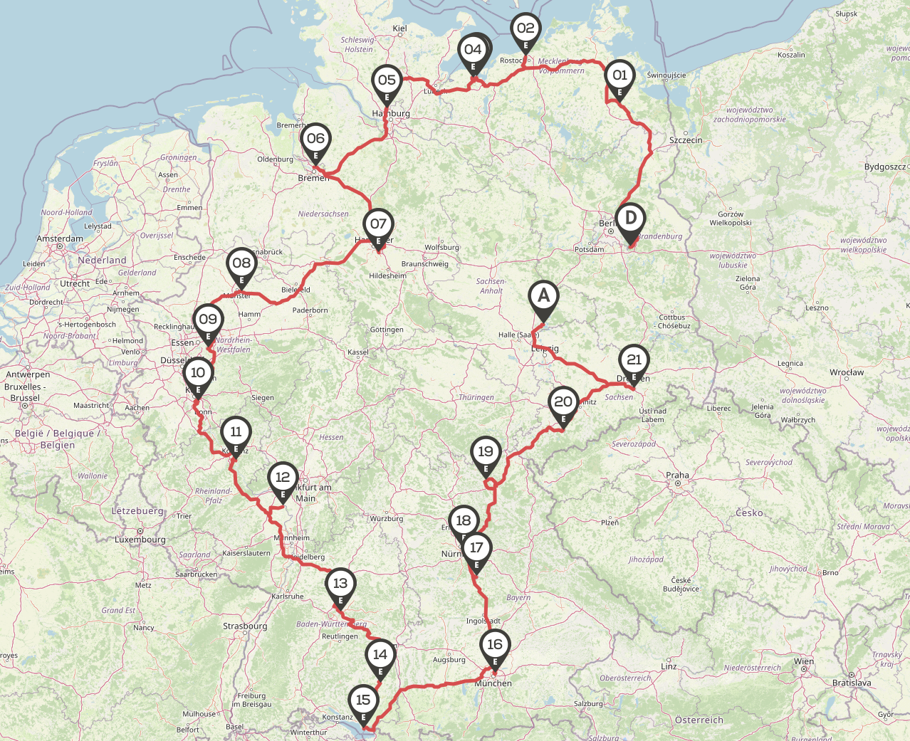 Screenshot d'une itinéraire en Allemagne sur l'application CaraMaps.