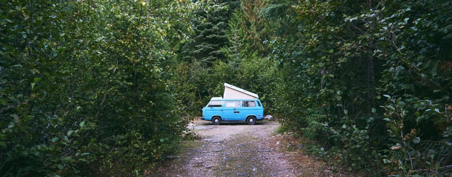 Van bleu stationné dans une forêt verdoyante, ambiance paisible et nature, idéal pour le camping en plein air.
