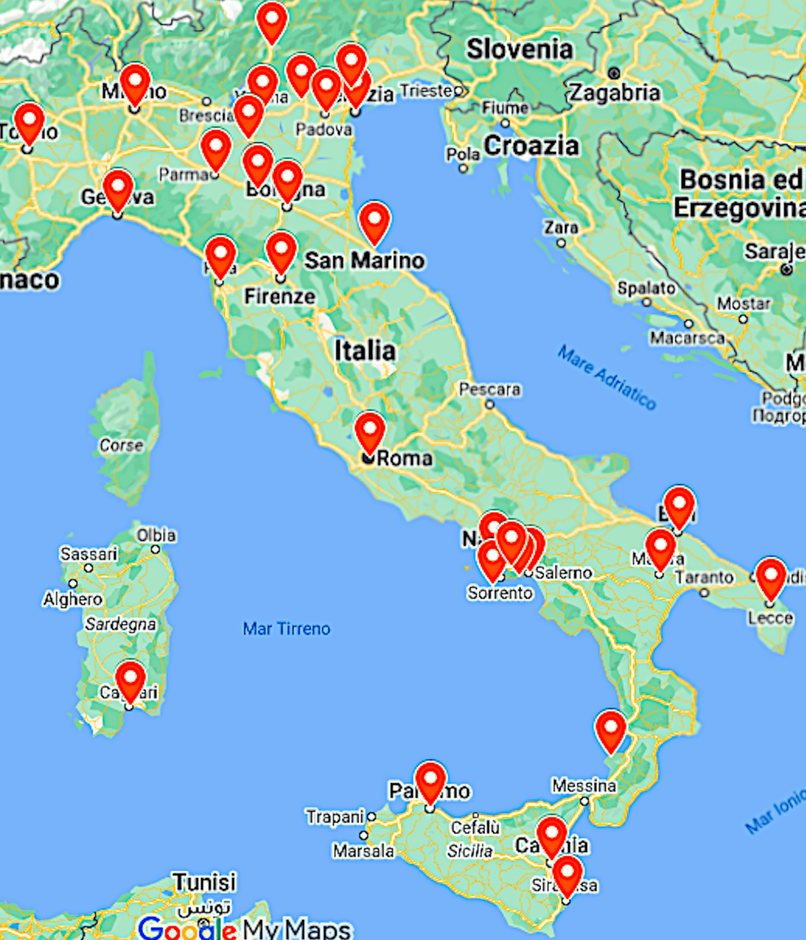 Carte d'Italie avec des exemples de villes où des ZTL ont été mises en place
