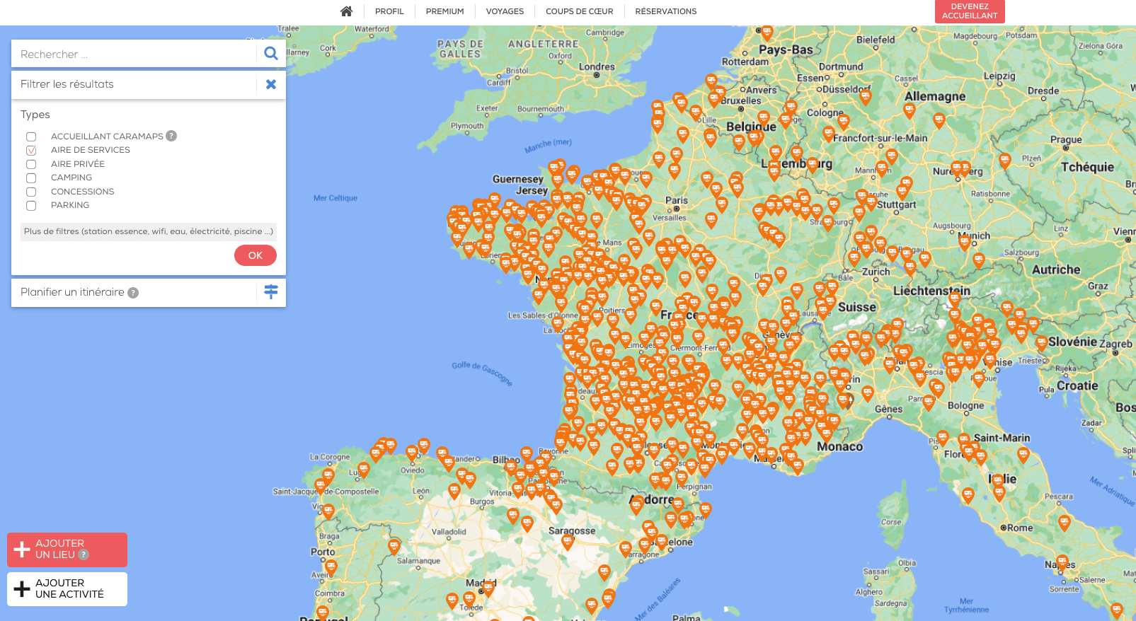 Options de filtres des aires de services sur l'application CaraMaps