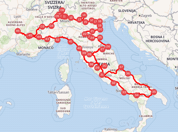 Screenshot d'un itinéraire en Italie sur l'application CaraMaps.