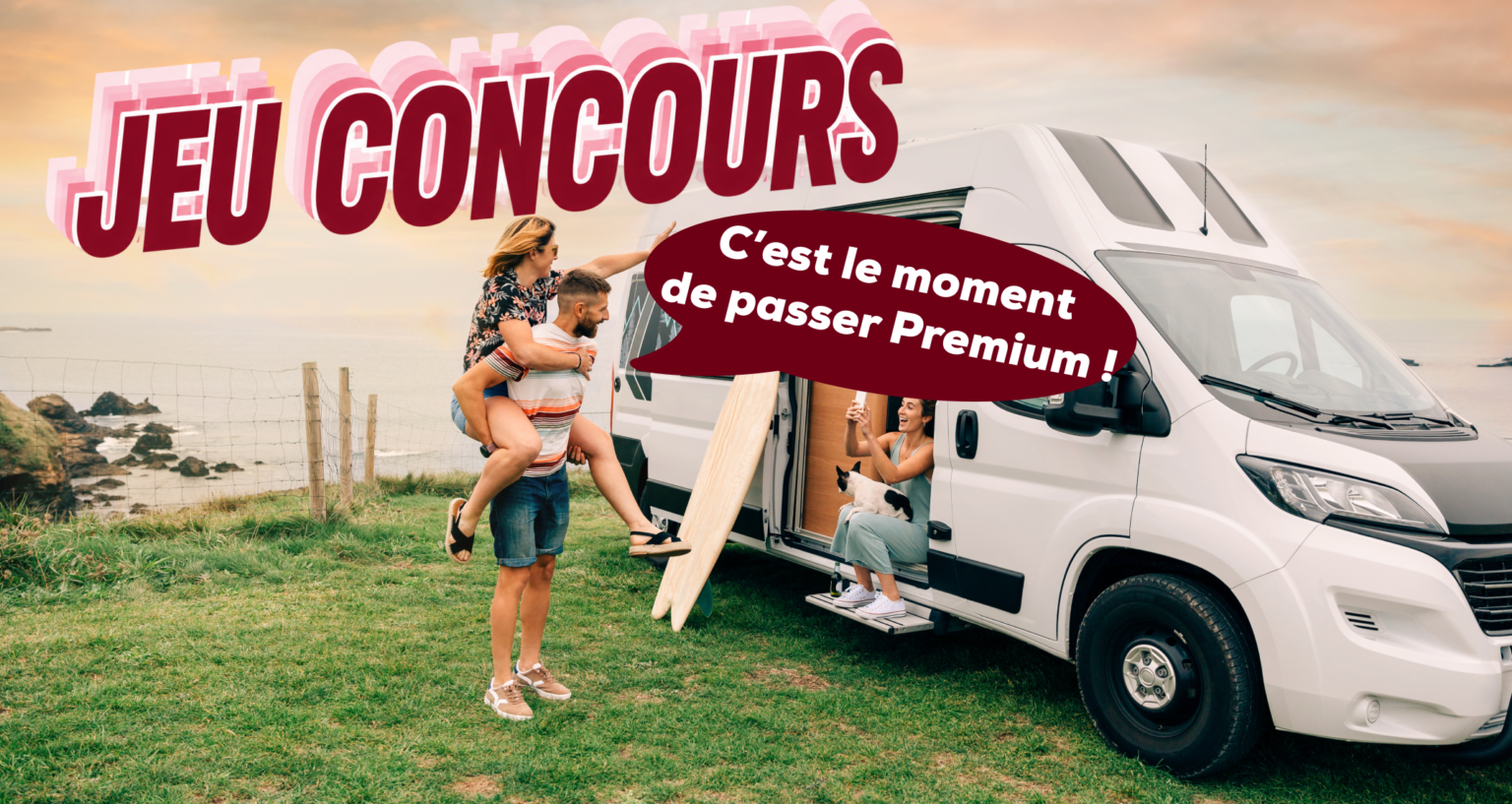 Famille profitant d'un camping-car au bord de la mer, ambiance estivale et invitation à passer Premium.