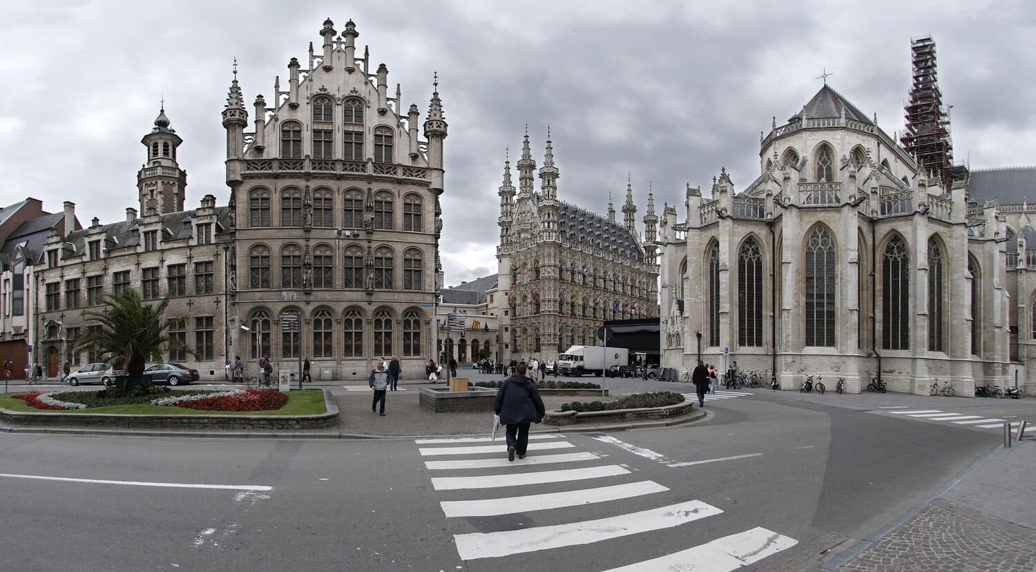 Vue de bâtiments historiques gothiques sur une place du centre de Louvain.