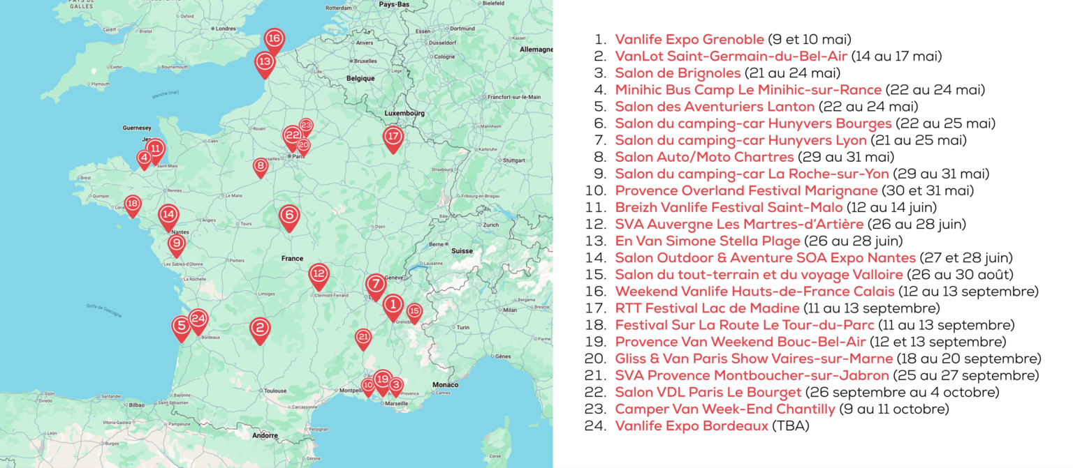 Carte des événements de vanlife en France, avec des marqueurs numérotés indiquant les lieux et dates des salons.