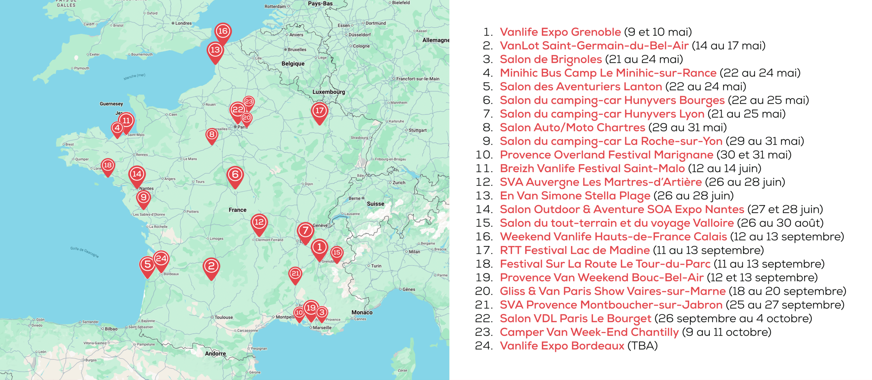 Carte des salons camping-car et festivals vanlife avec légende. CaraMaps.