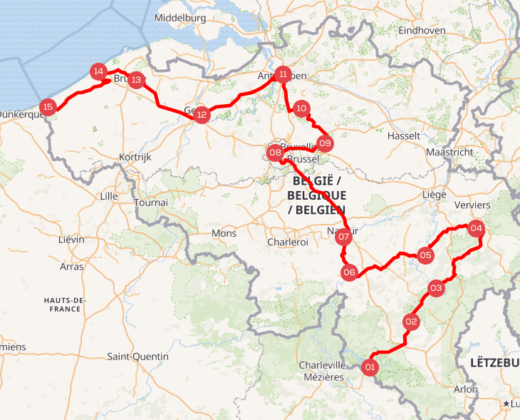 Carte d’itinéraire de road trip en camping-car à travers la Belgique, de l’Ardenne à la côte belge.