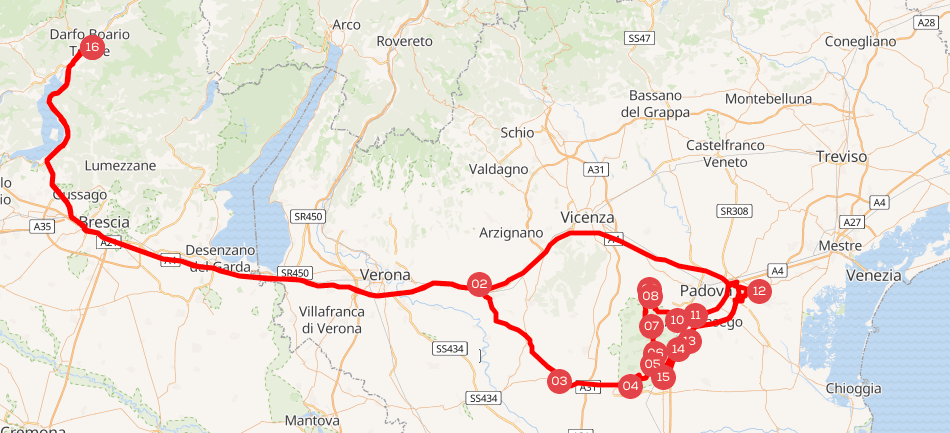 Carte d’itinéraire d’un road trip en camping-car en Vénétie, passant par Vérone, Vicence, Padoue et les environs de Venise avec plusieurs étapes numérotées.