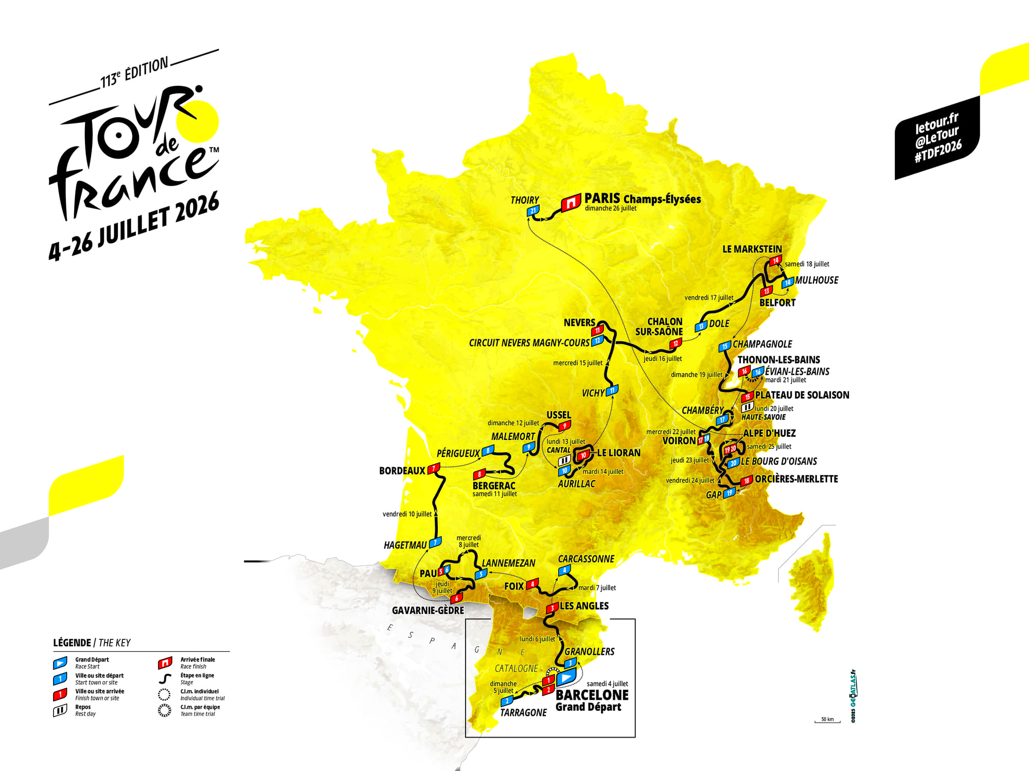Carte du parcours du Tour de France 2026.
