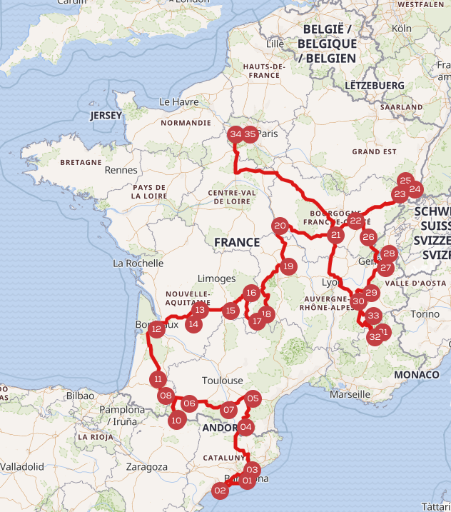 Carte de l’itinéraire complet du Tour de France 2026 à travers les différentes étapes sur l'application CaraMaps.