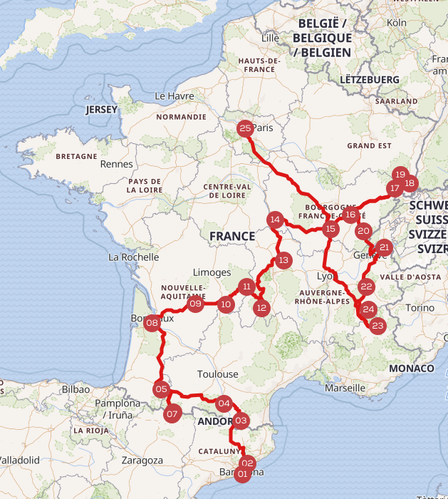 Carte de l’itinéraire optimal du Tour de France 2026 à travers les différentes étapes sur l'application CaraMaps.