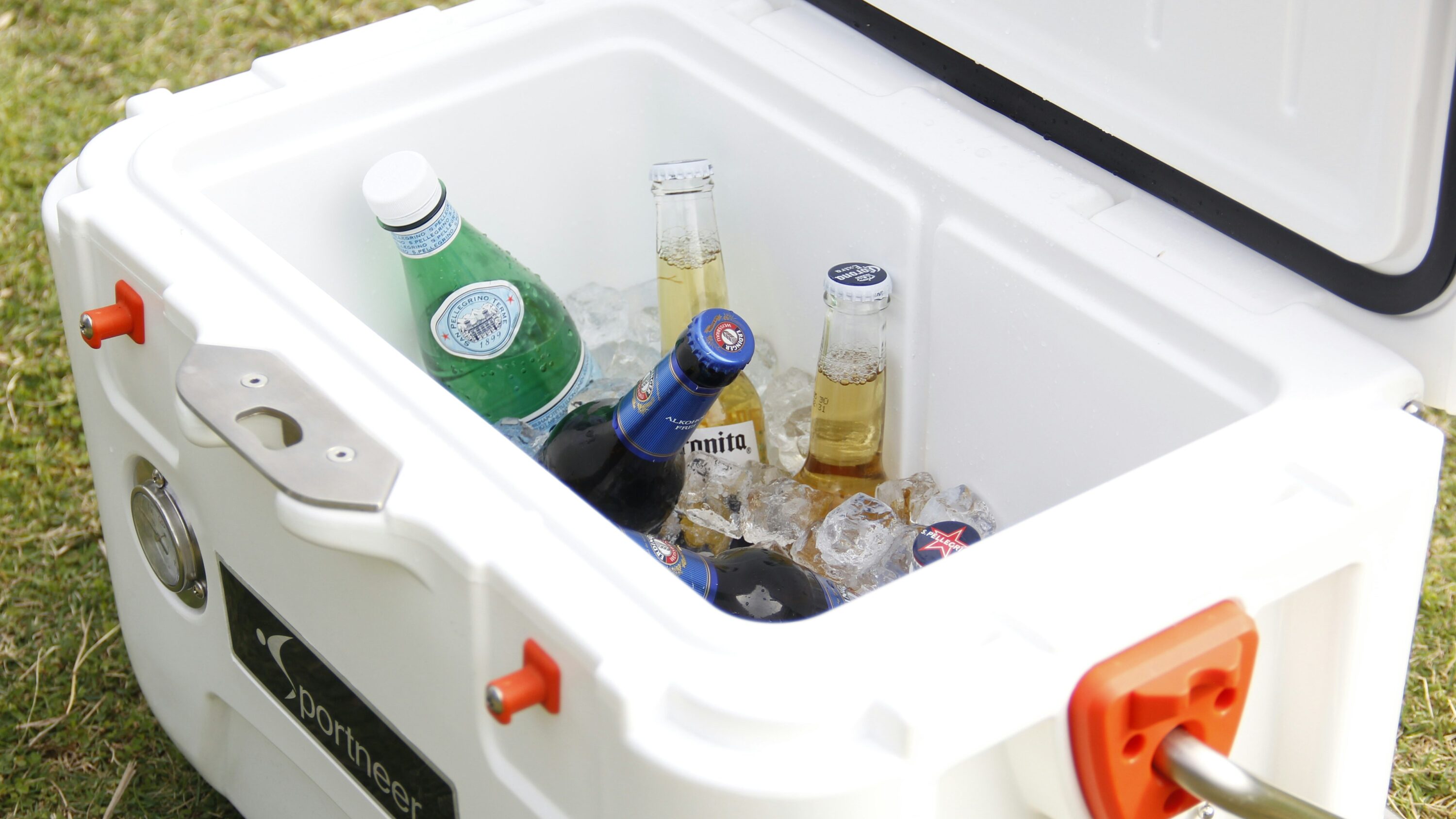 Glacière contenant diverses bouteilles à l'intérieur.