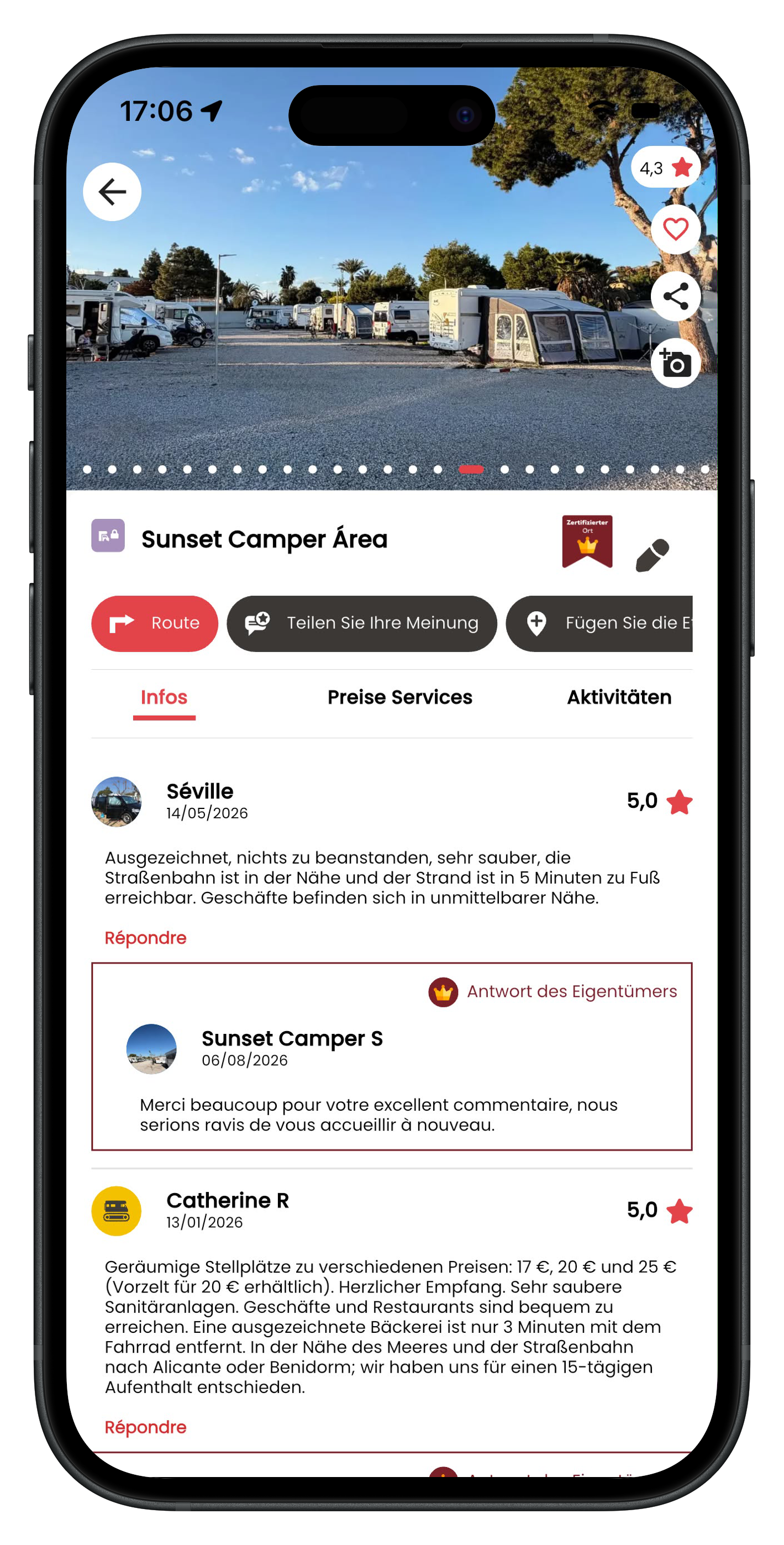 CaraMaps-App zeigt einen zugelassenen Wohnmobil-Spot und Community-Bewertungen