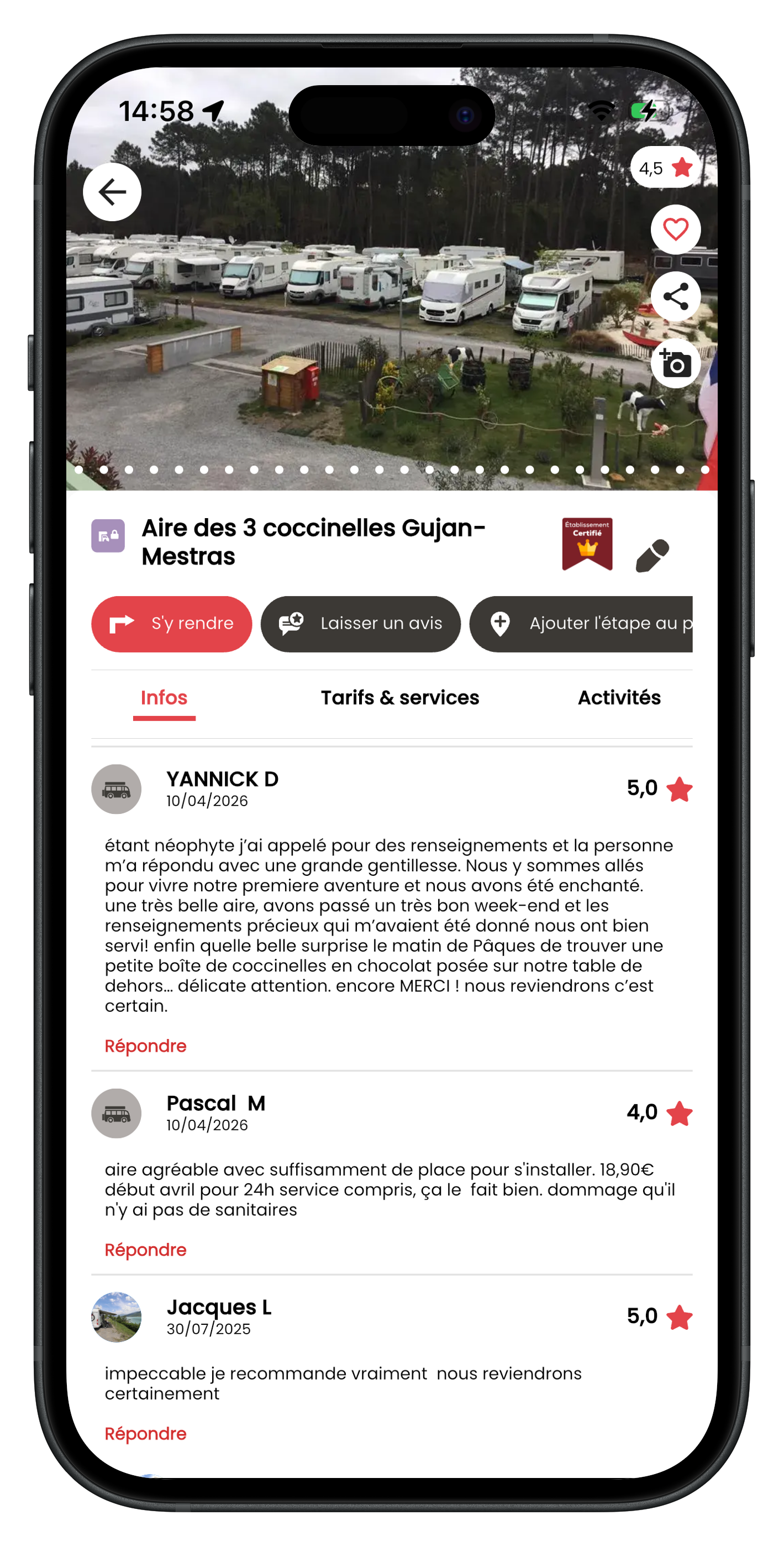 Application CaraMaps affichant un spot camping-car autorisé et les avis de la communauté