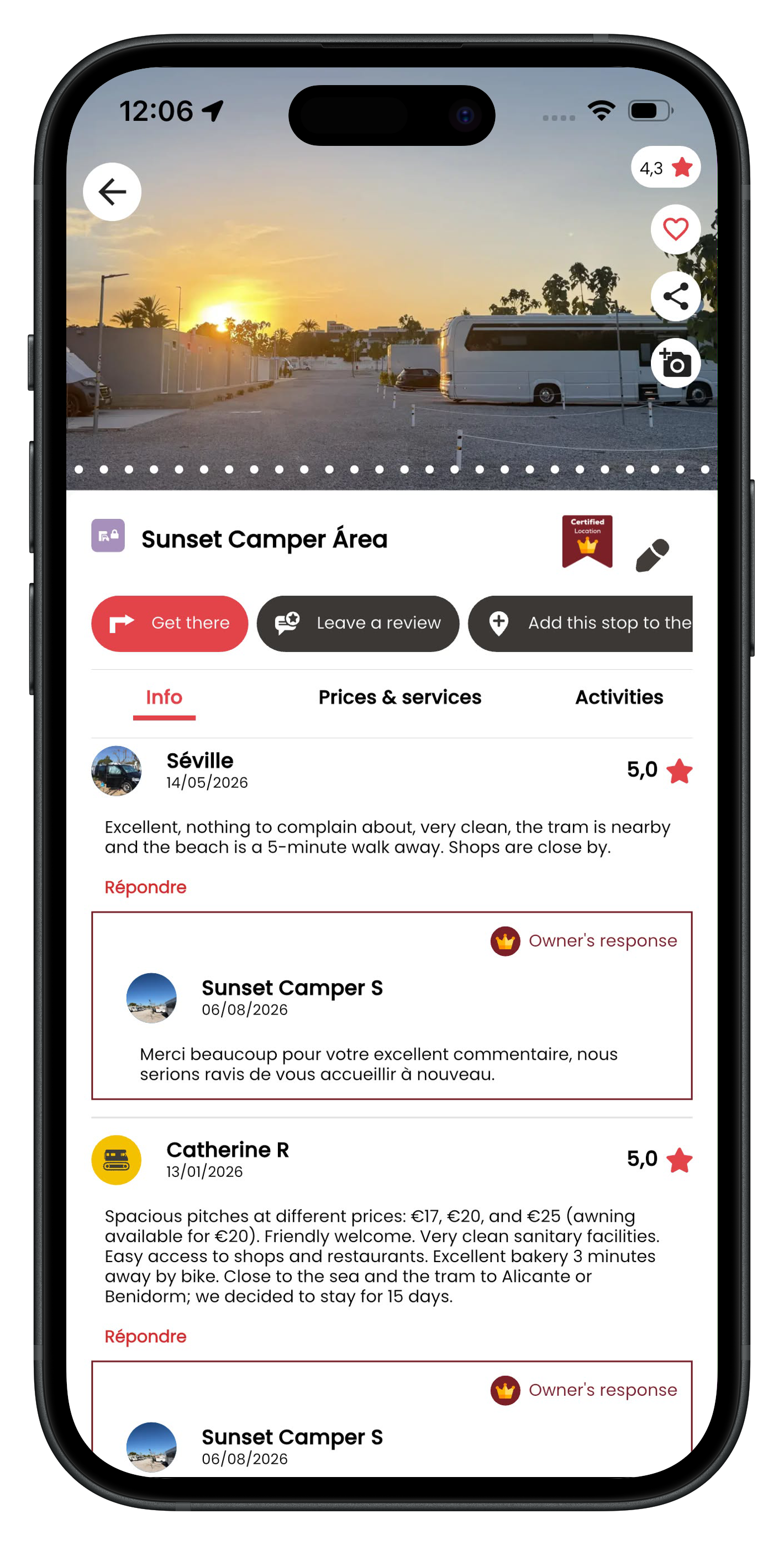 CaraMaps app showing an approved motorhome spot and community review
