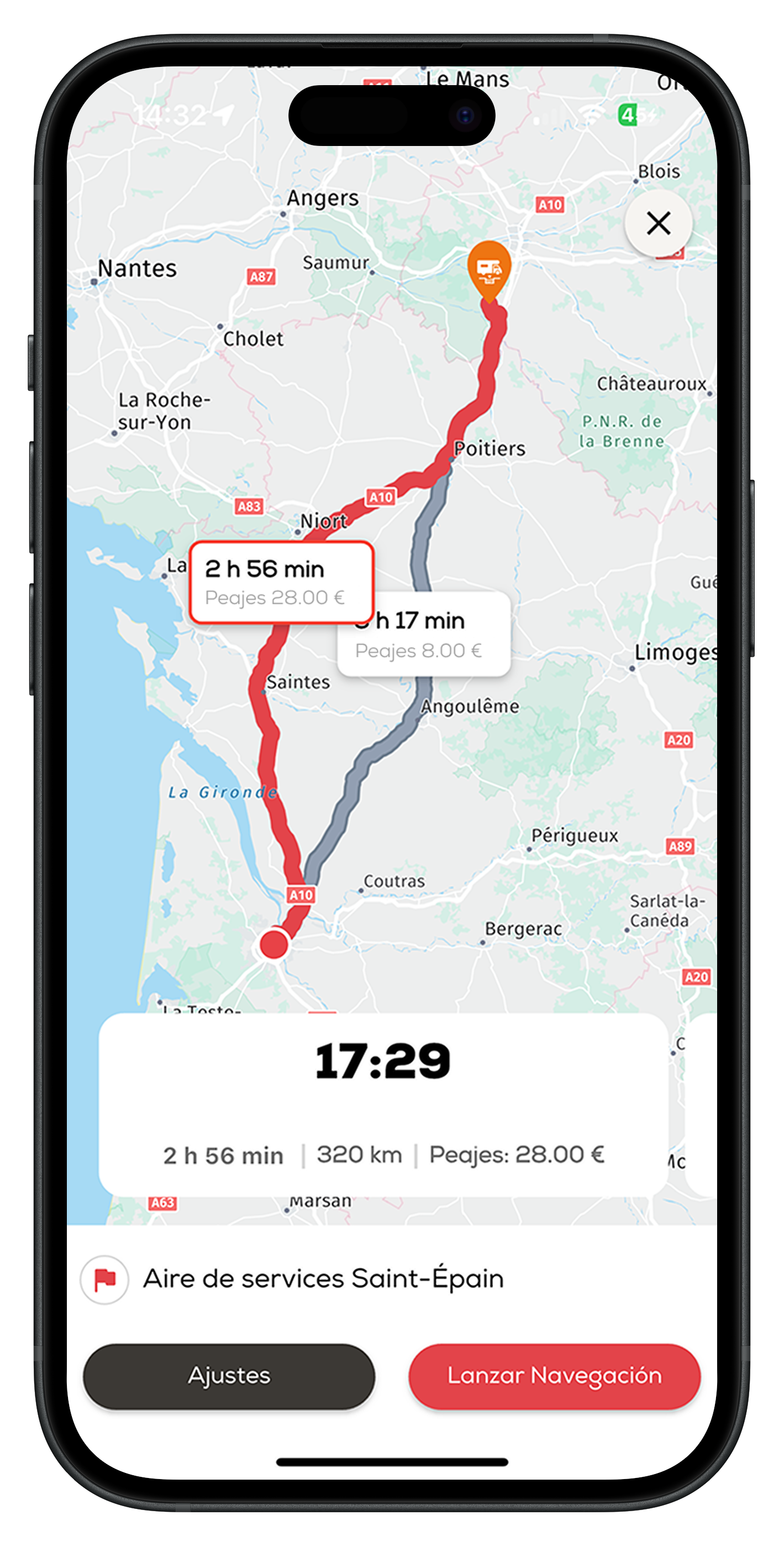Pantalla de ruta del GPS para autocaravanas de CaraMaps