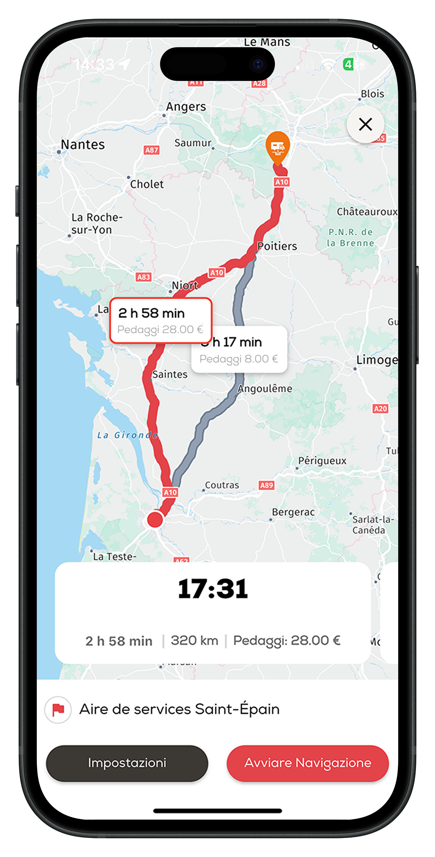 Schermata del percorso del GPS per camper di CaraMaps