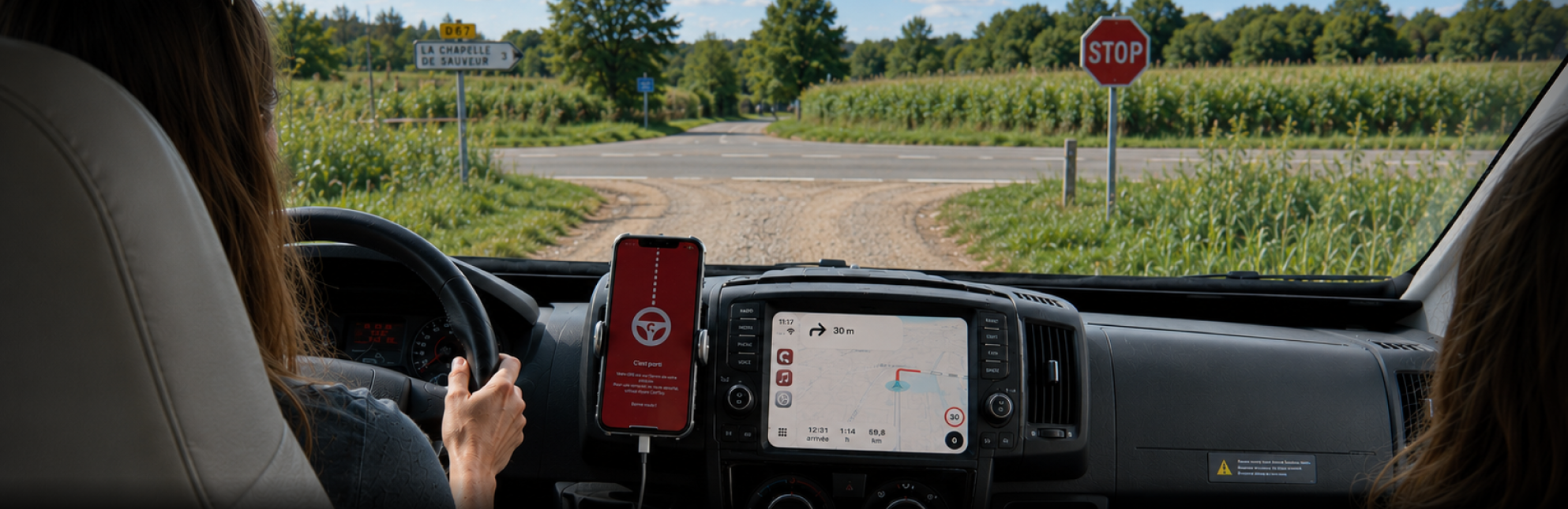 Tableau de bord dans un véhicule de loisirs avec un GPS spécial camping-car qui apparaît sur l'écran du véhicule 