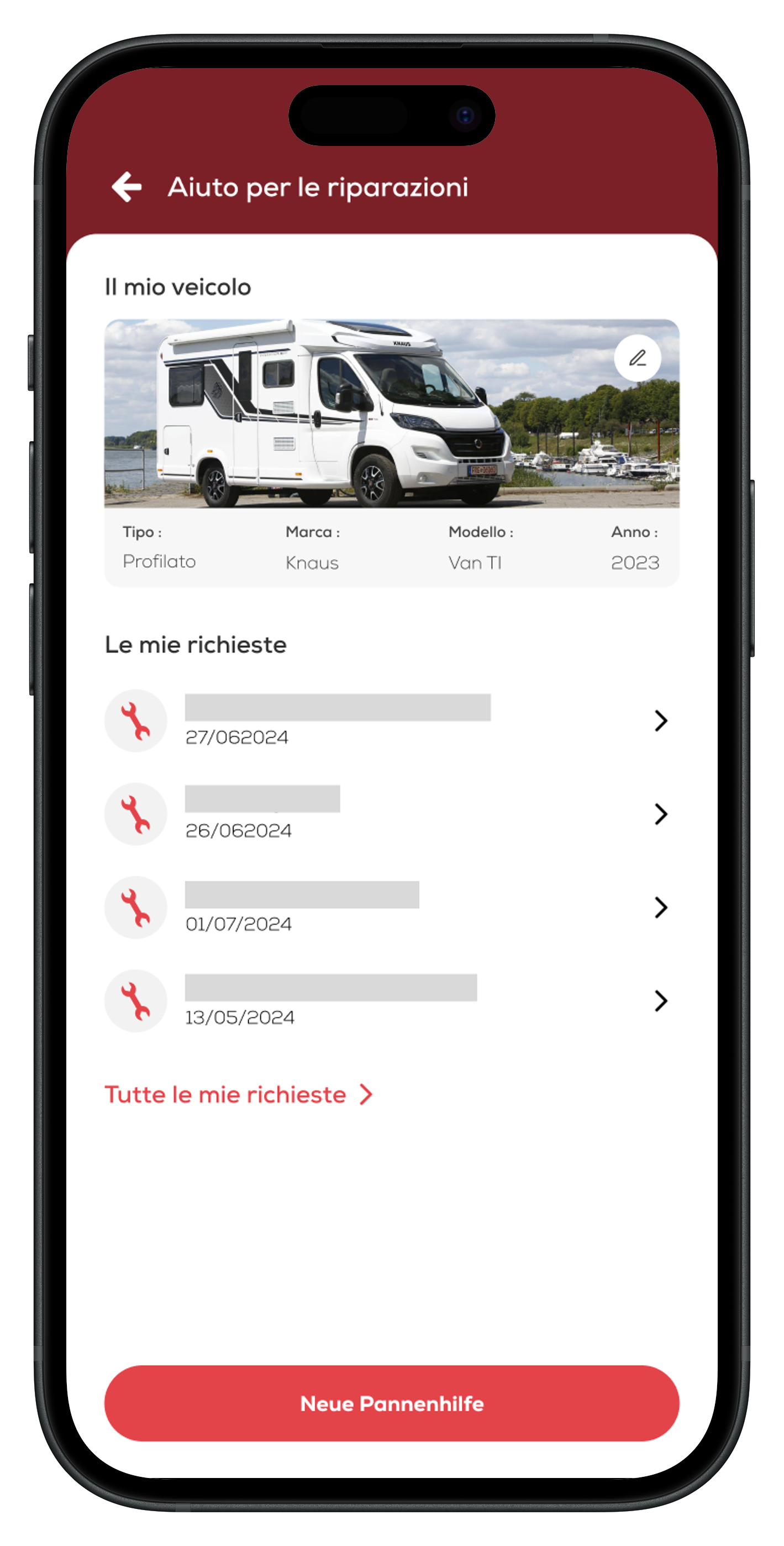 Modulo di aiuto per le riparazioni nell'app CaraMaps