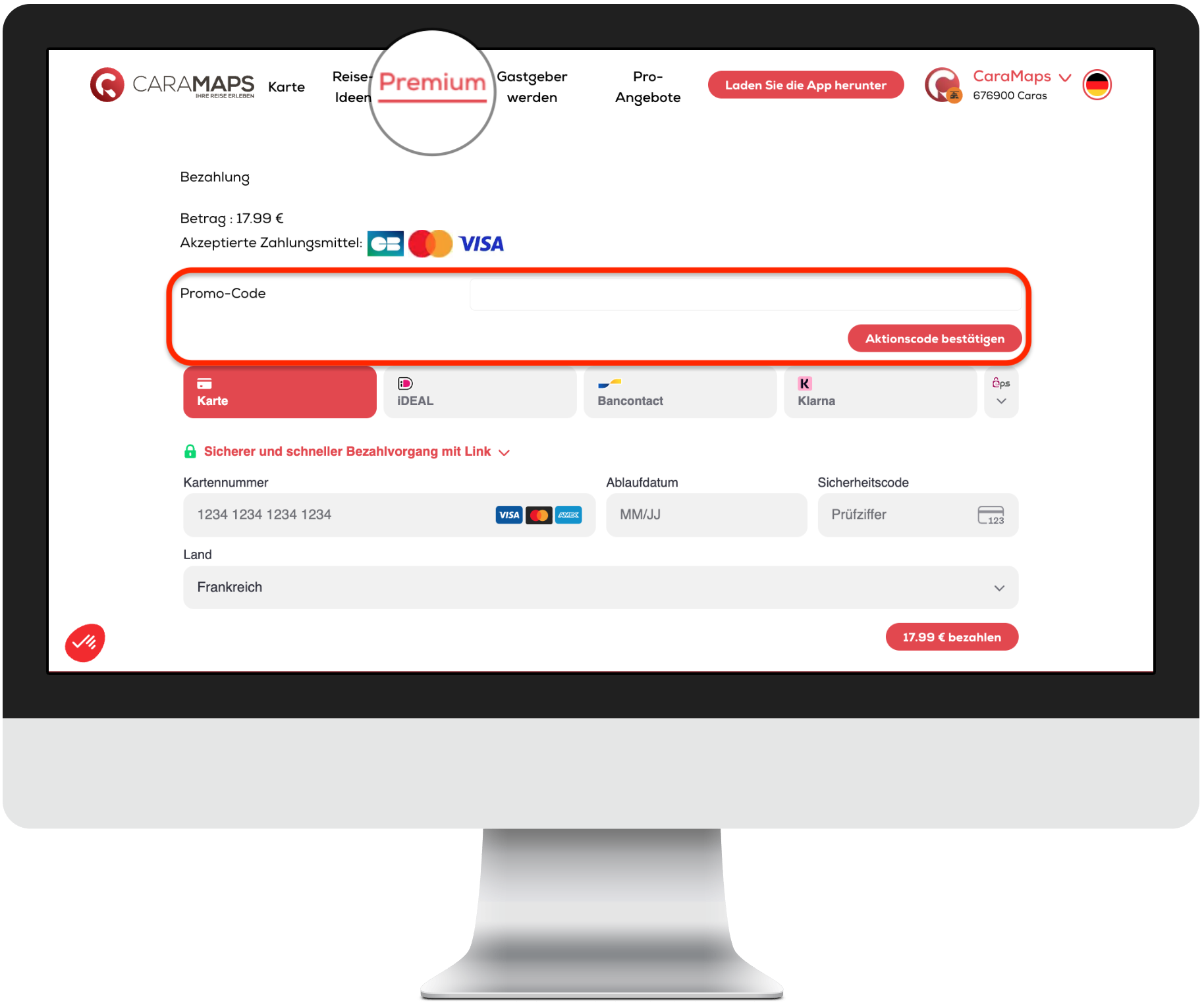 CaraMaps Premium-Seite auf der Website
