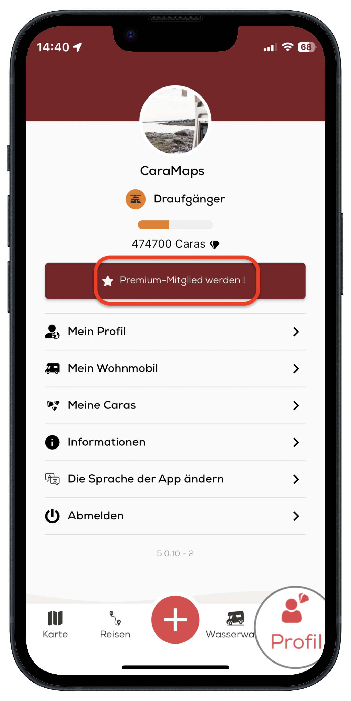 Button Premium werden im Tab Profil der CaraMaps-App
