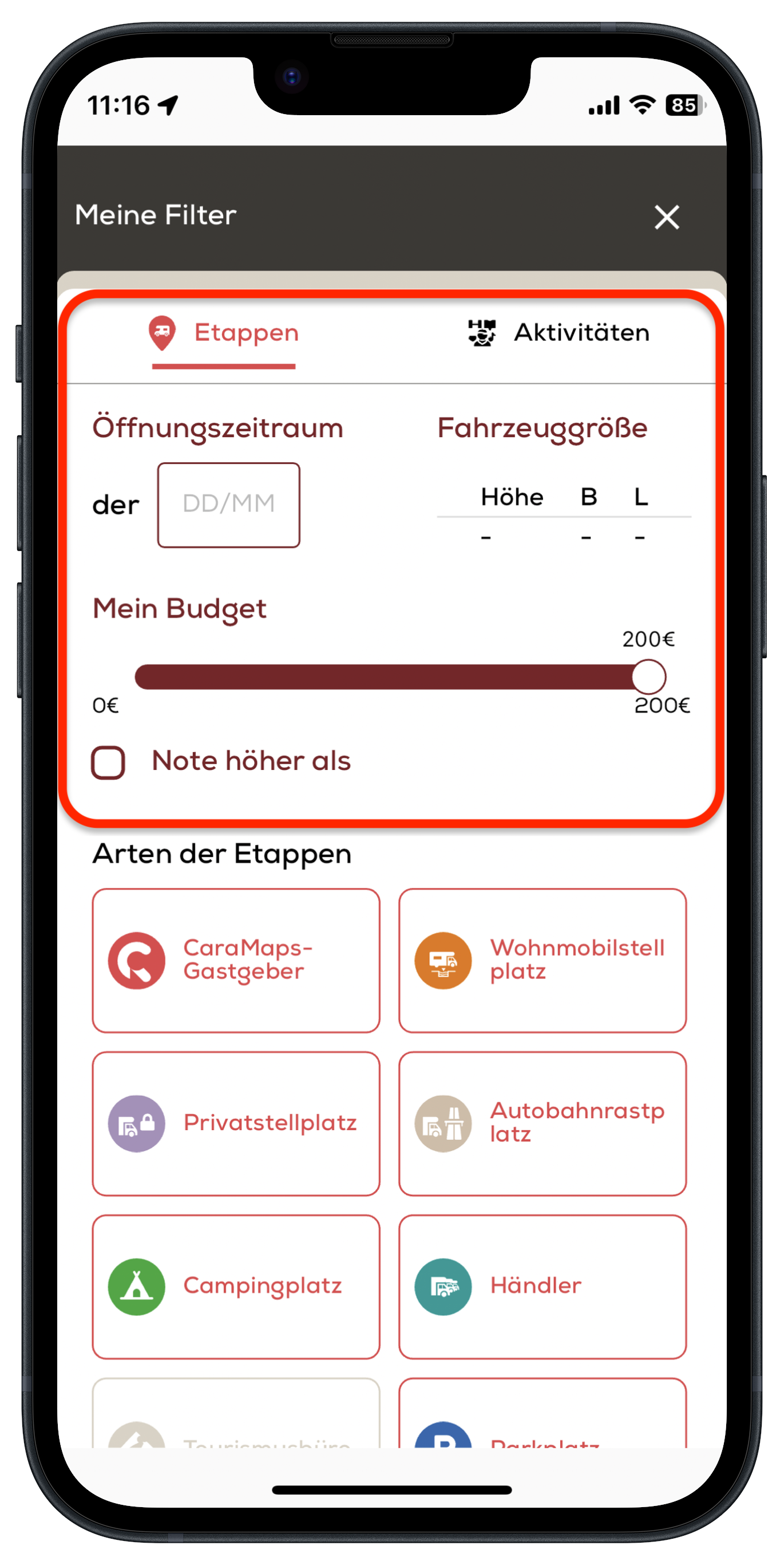 Erweiterte Filter in der CaraMaps-App