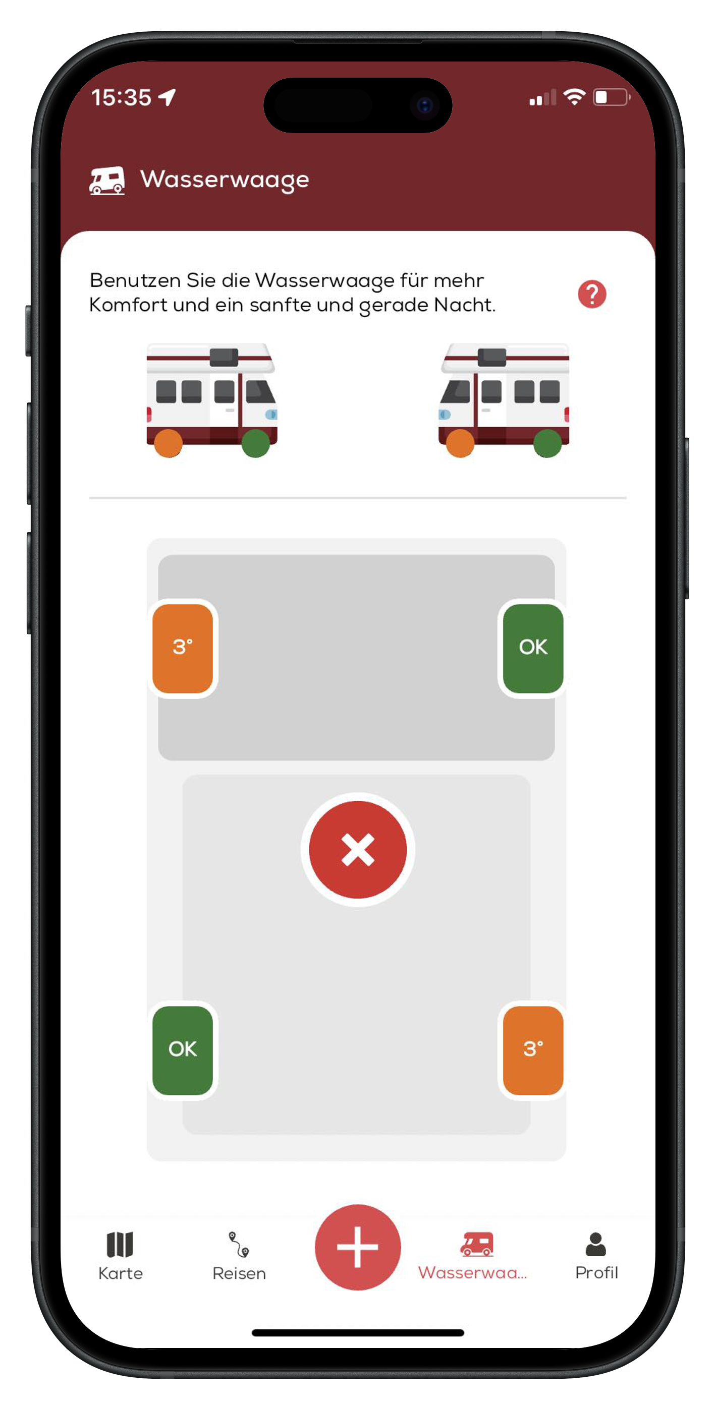 Funktion Level zum ebenen Parken in der CaraMaps-App