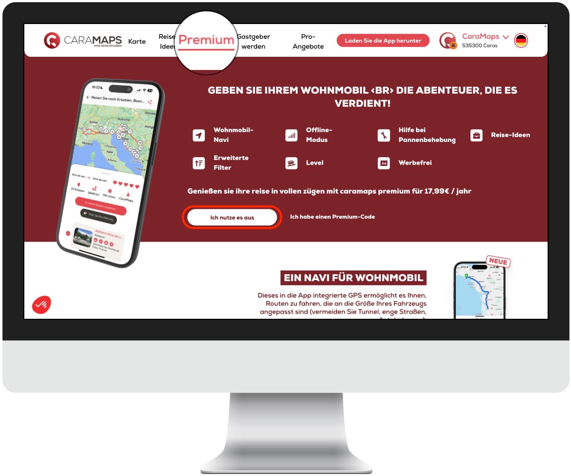 CaraMaps Premium-Seite auf der Website