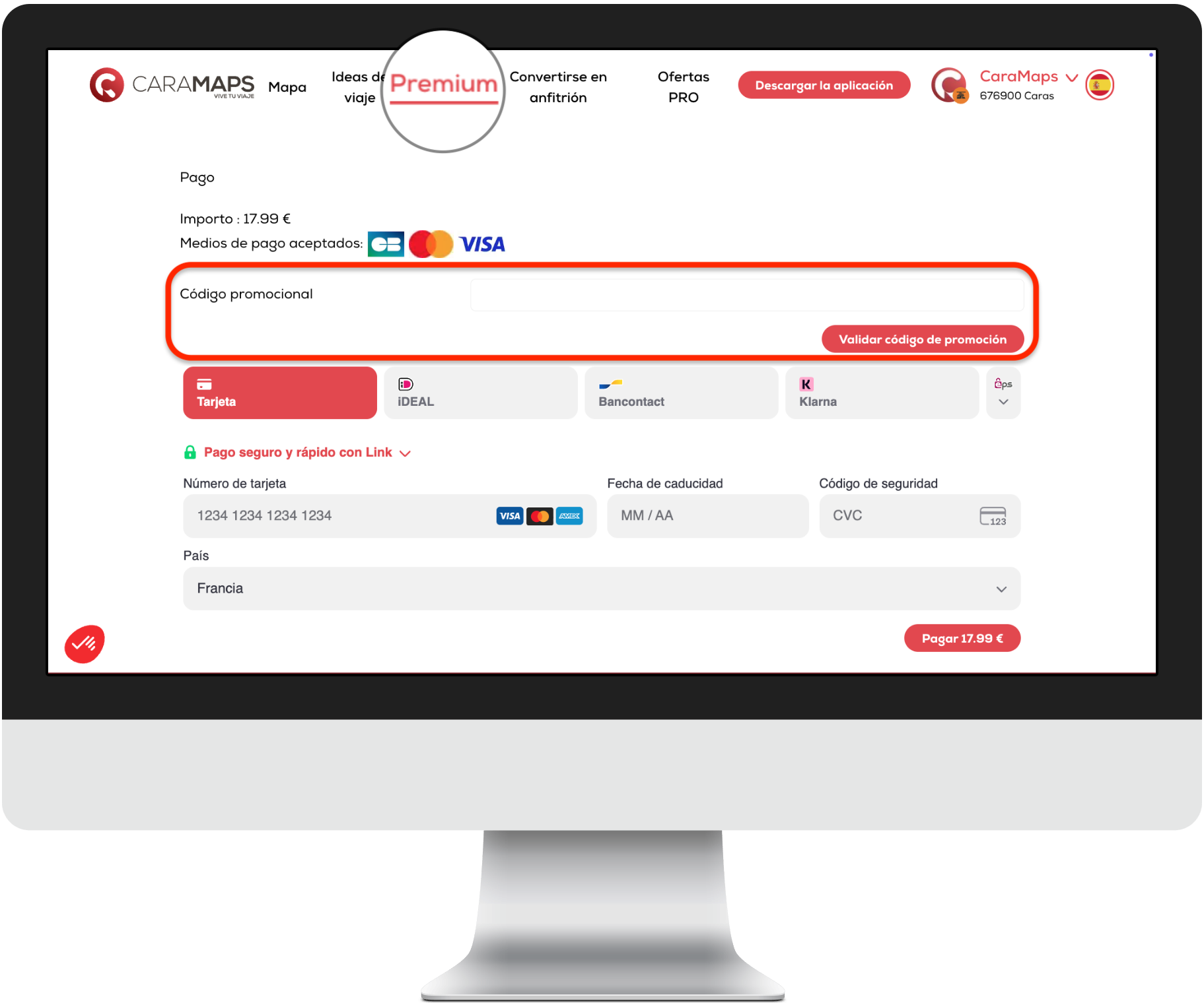 Introducir un código promocional en la web de CaraMaps
