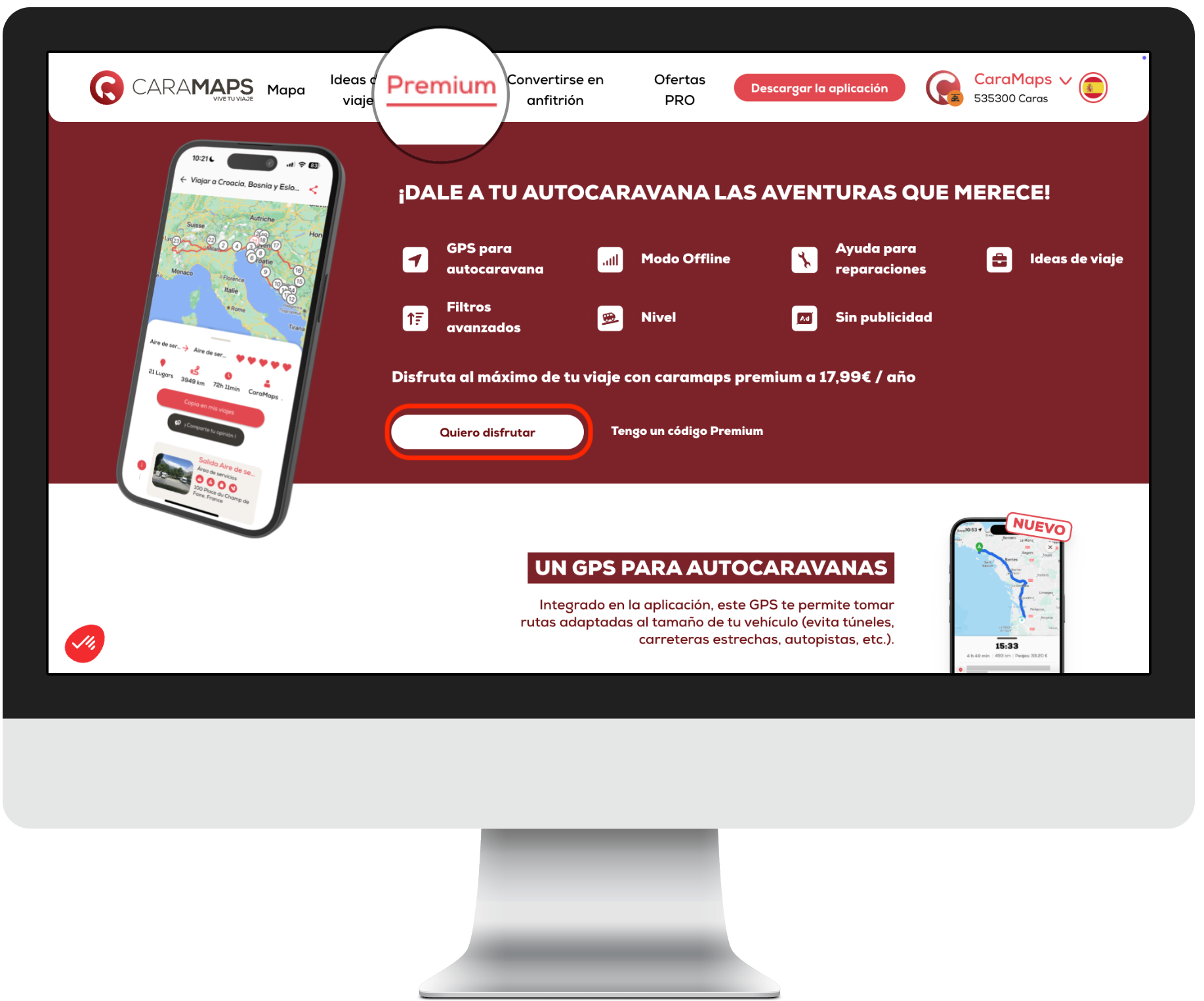 Página CaraMaps Premium en la web