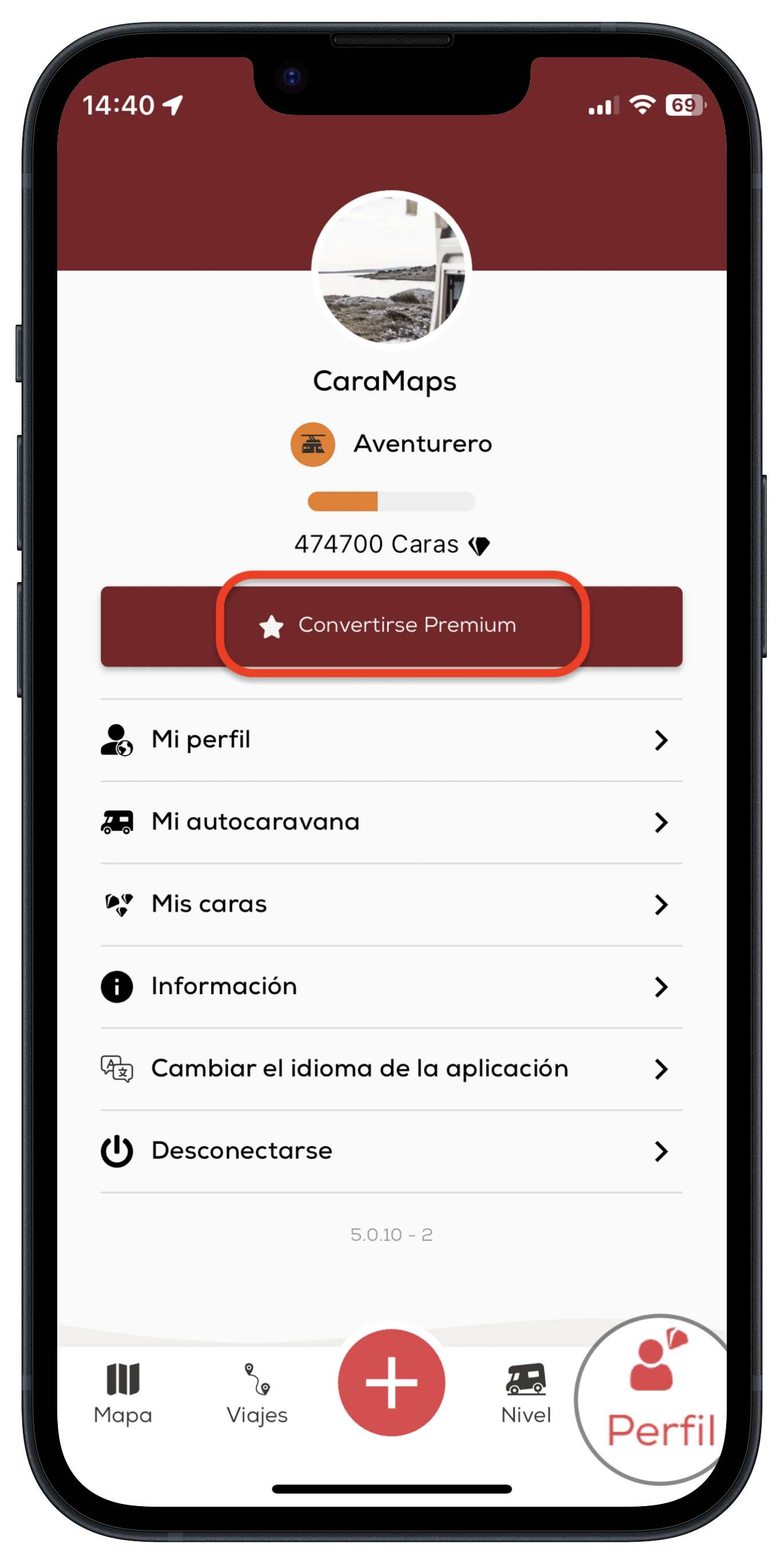 Botón Hacerse Premium en la pestaña Perfil de la app CaraMaps