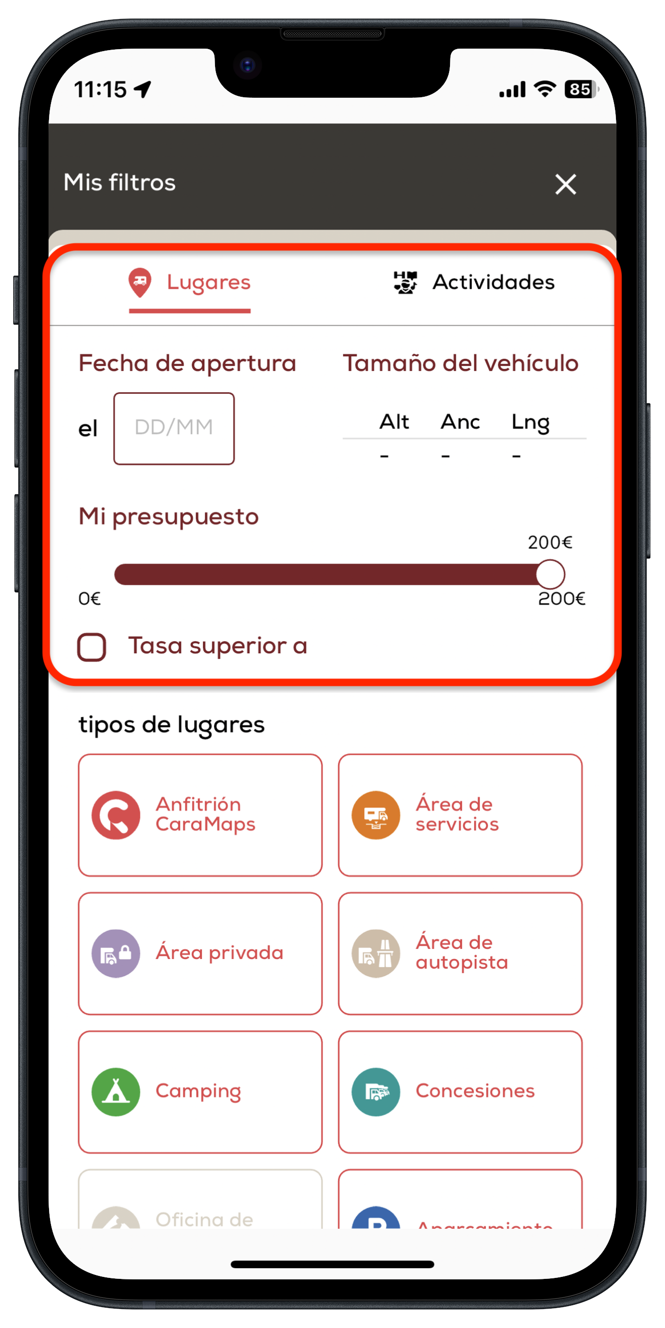 Filtros avanzados en la app CaraMaps