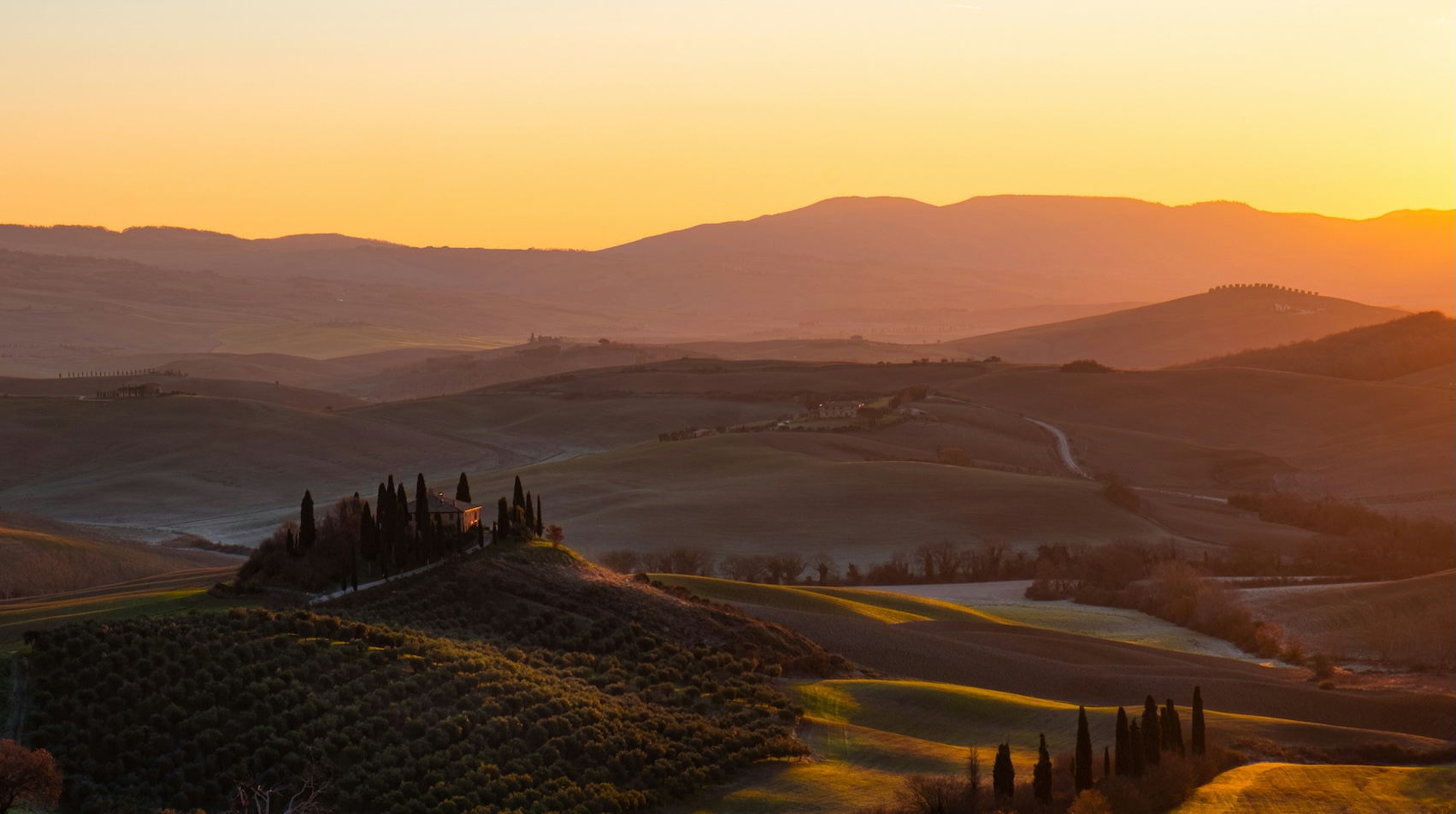 Toscana in autunno: colline dorate, vigneti dai colori caldi e paesaggi avvolti dalla luce soffusa della campagna toscana.