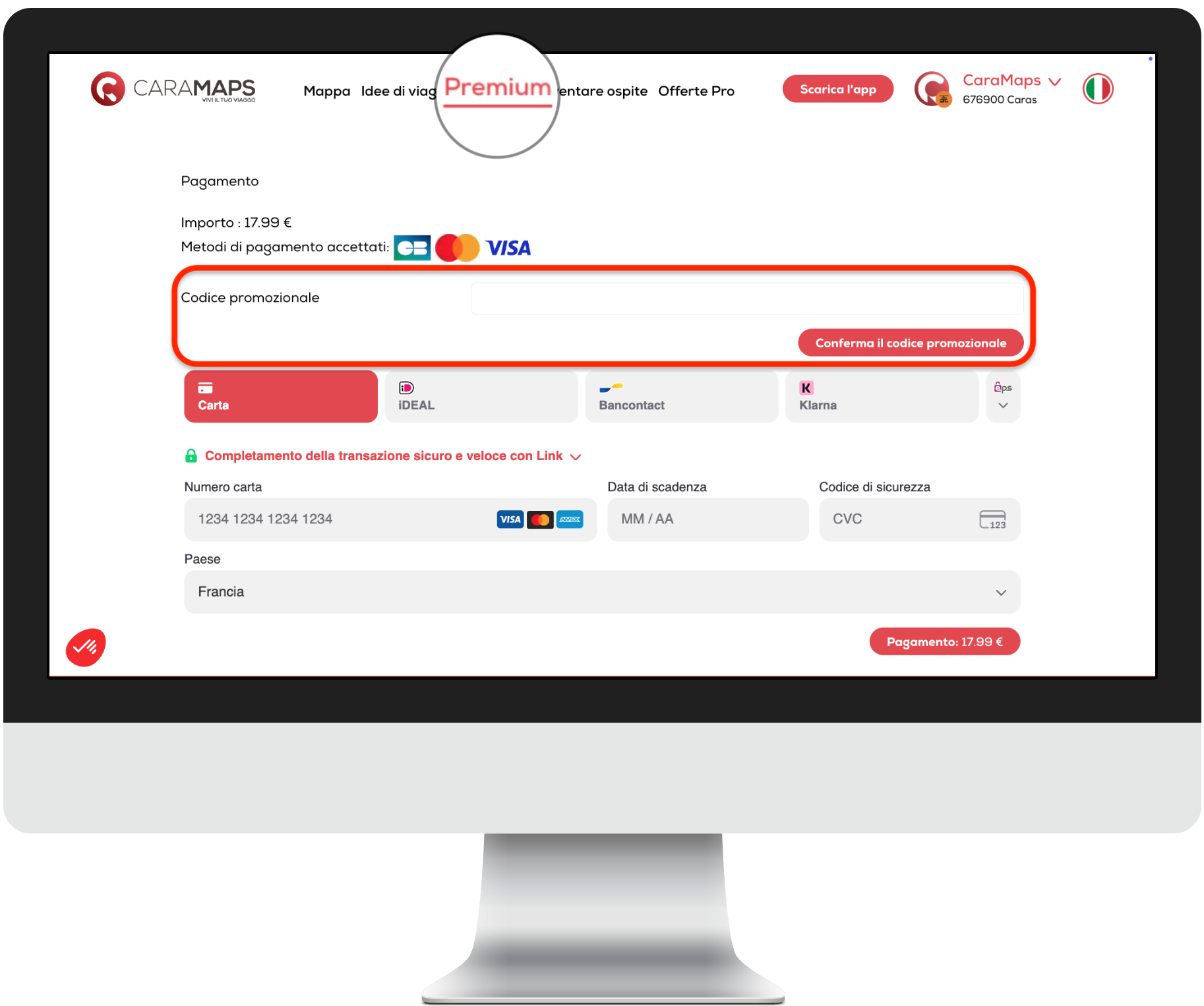 Inserimento di un codice promozionale sul sito CaraMaps