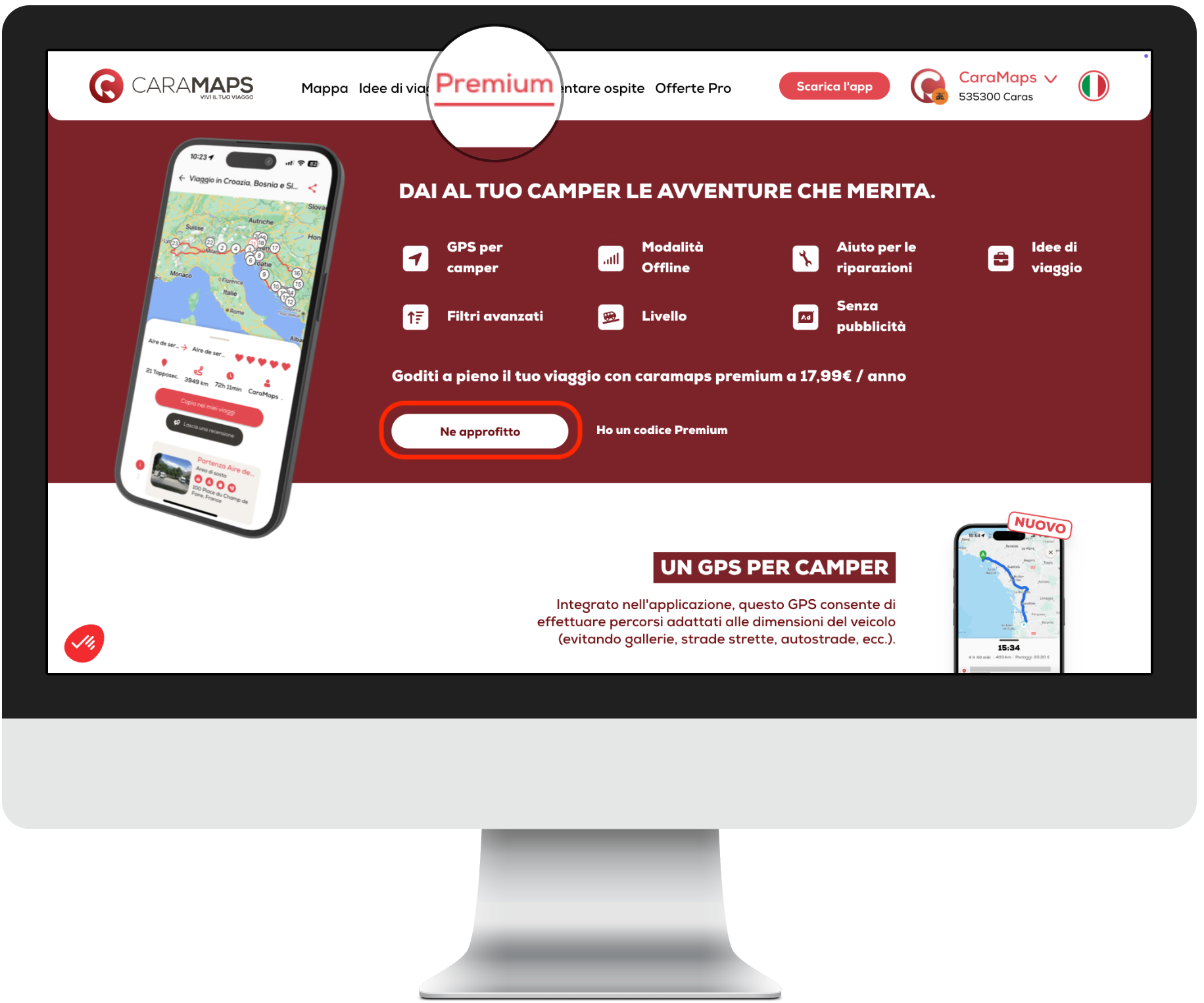Pagina CaraMaps Premium sul sito web